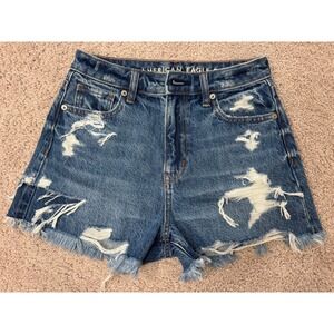 American Eagle Mom Shorts Size 0 Blue Distressed High Waisted Denim Jean Shorts
